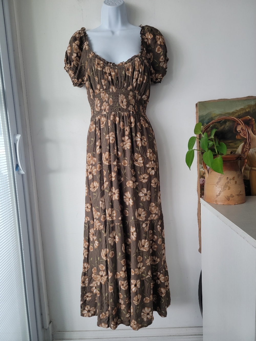 Hesperus Brown Floral Puff-Sleeve Maxi Dress Size M